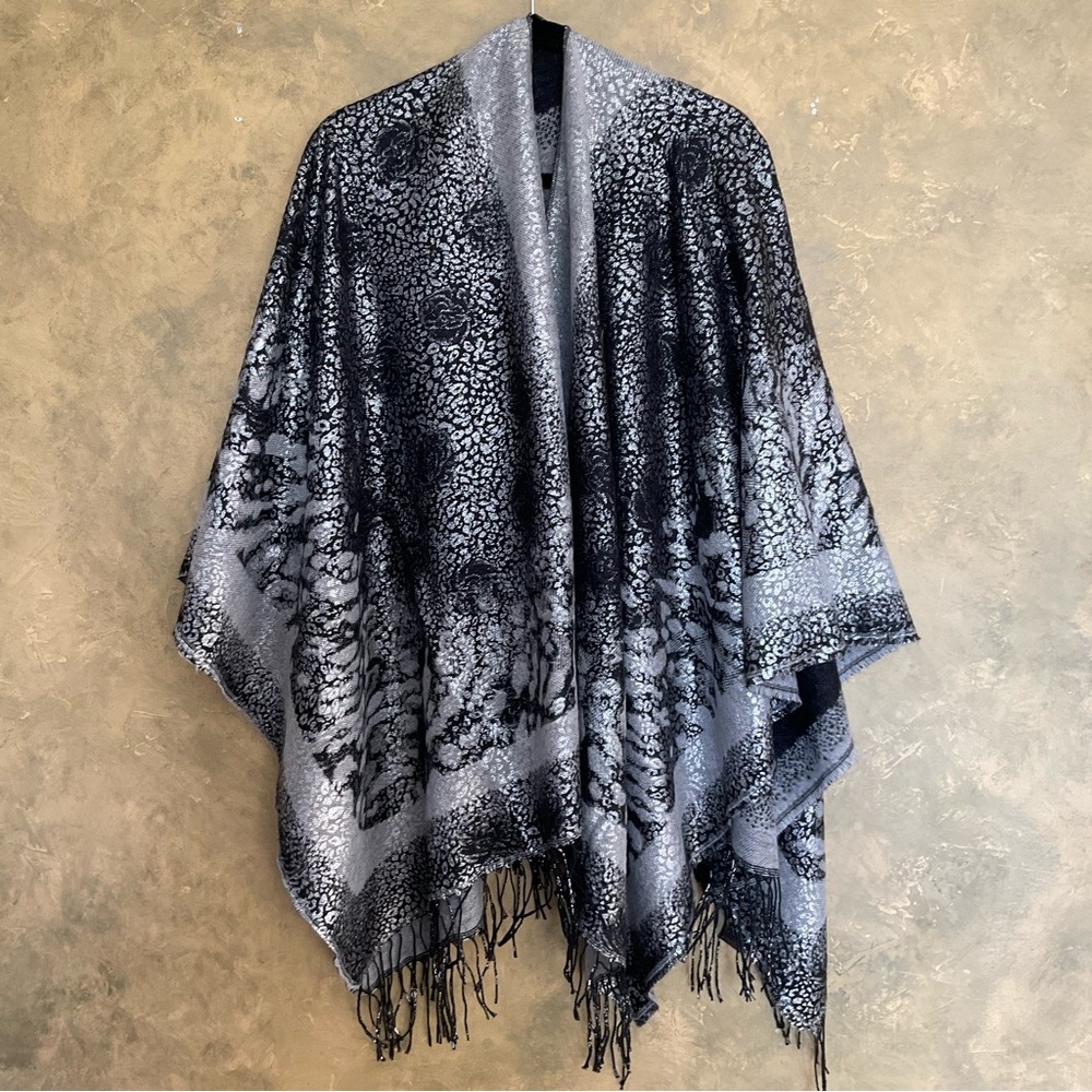 Metallic Leopard Fringe Draped Wrap Poncho